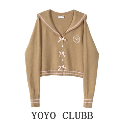 YOYO CLUBB College Style Navy Neck Sweater Jacket 2024 Autumn New Design Bow Knit Sweater