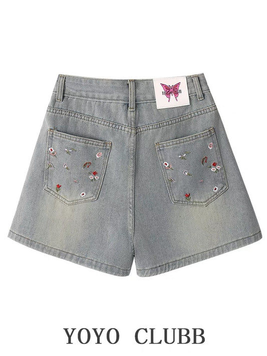 YOYO CLUBB design embroidered high-waisted denim shorts summer plus size hot girls slimming loose wide-leg pants