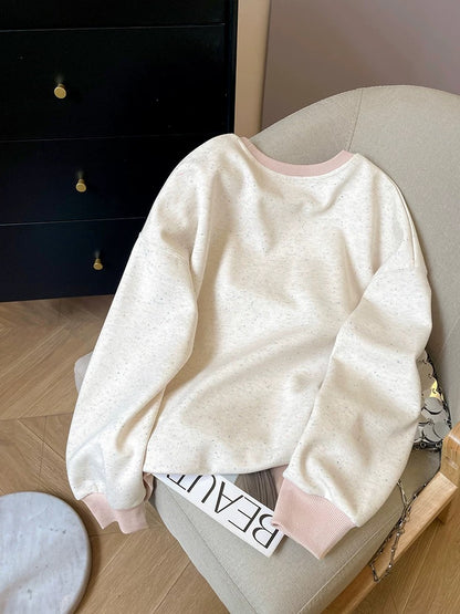 Little C's Fresh Design Contrast Color Bear Round Neck Velvet Sweater Women's 2024 Autumn and Winter Niche Thick Top