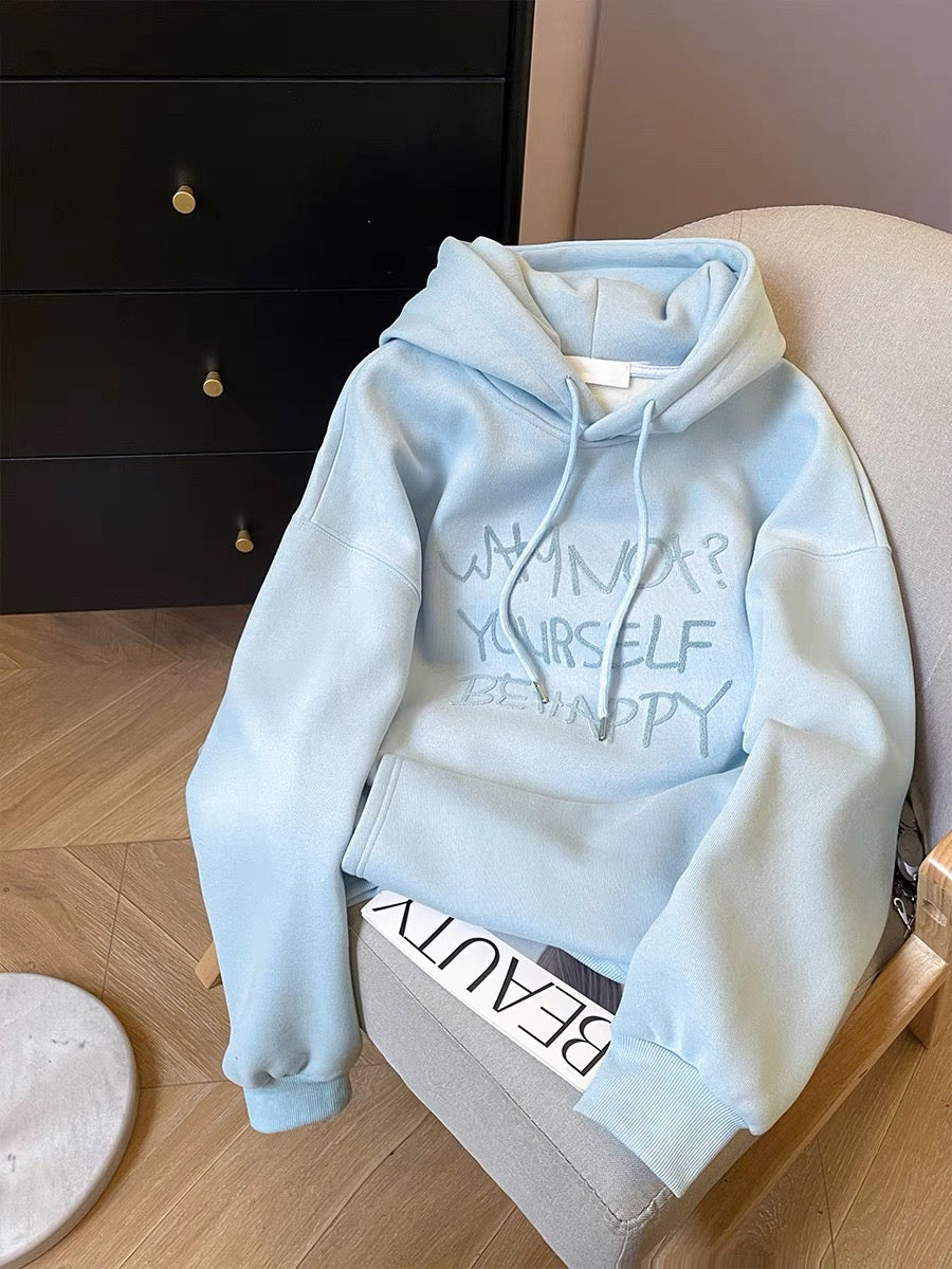 Little C's light blue letter flocked sweatshirt for women 2024 autumn and winter hot style plus velvet milk type hooded jacket for small people