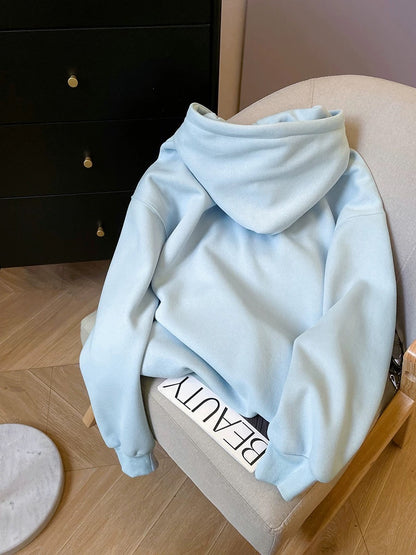 Little C's light blue letter flocked sweatshirt for women 2024 autumn and winter hot style plus velvet milk type hooded jacket for small people