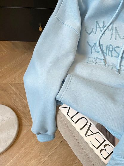 Little C's light blue letter flocked sweatshirt for women 2024 autumn and winter hot style plus velvet milk type hooded jacket for small people