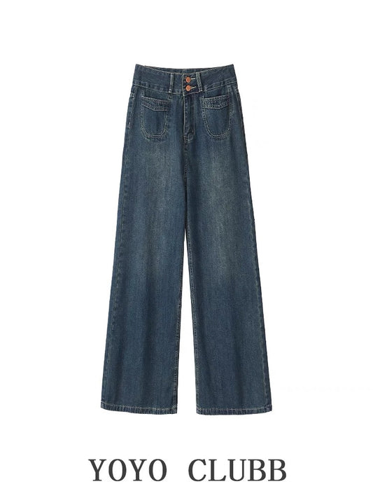 YOYO CLUBB Hong Kong style retro high-waisted wide-leg jeans autumn large size hip-covering loose floor-length straight trousers