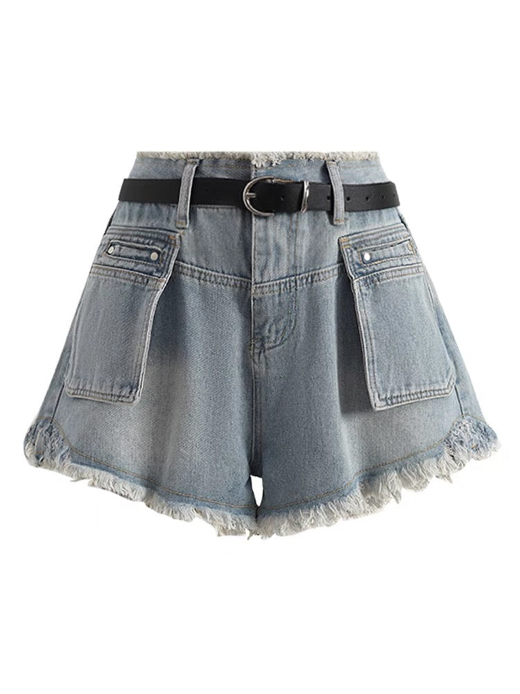 YOYO CLUB plus size women's high-waisted thin denim shorts summer new slim raw edge a-line wide-leg pants