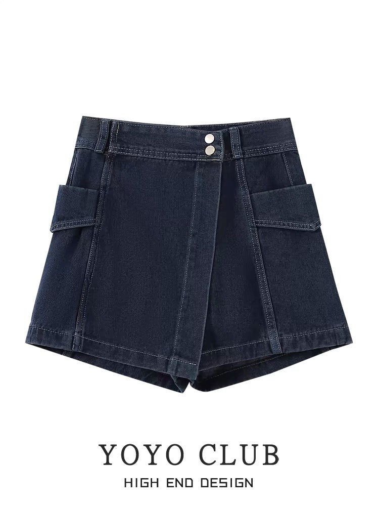 YOYO CLUB large size irregular high-waisted denim shorts for women summer large size hip-covering slimming wide-leg a-line culottes