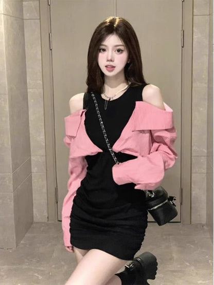 Pure desire wind fake two-piece long-sleeved dress women's summer 2023 new high-end sense off-shoulder temperament bag hip short skirt