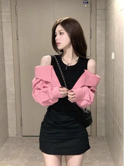 Pure desire wind fake two-piece long-sleeved dress women's summer 2023 new high-end sense off-shoulder temperament bag hip short skirt