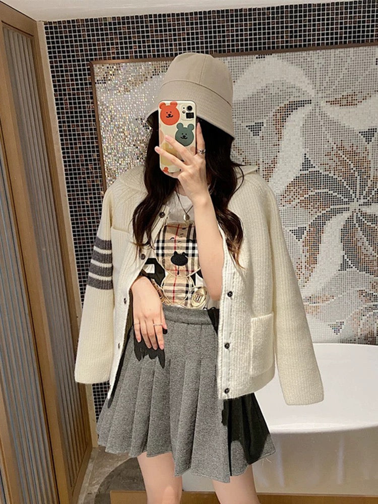 TB sweater women's wool cardigan 2024 autumn four-stripe lapel college style jacket thickened sweater jacket