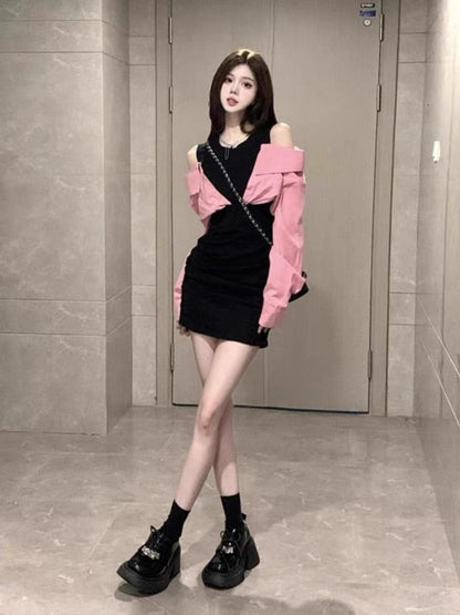 Pure desire wind fake two-piece long-sleeved dress women's summer 2023 new high-end sense off-shoulder temperament bag hip short skirt