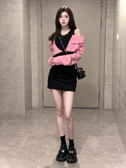 Pure desire wind fake two-piece long-sleeved dress women's summer 2023 new high-end sense off-shoulder temperament bag hip short skirt