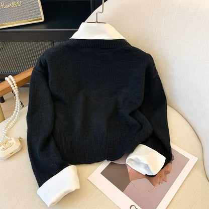 Recommended by Nancy Cici for her own use ~ Xiaoxiangfeng knitted splicing long-sleeved fake two-piece loose shirt cardigan for women