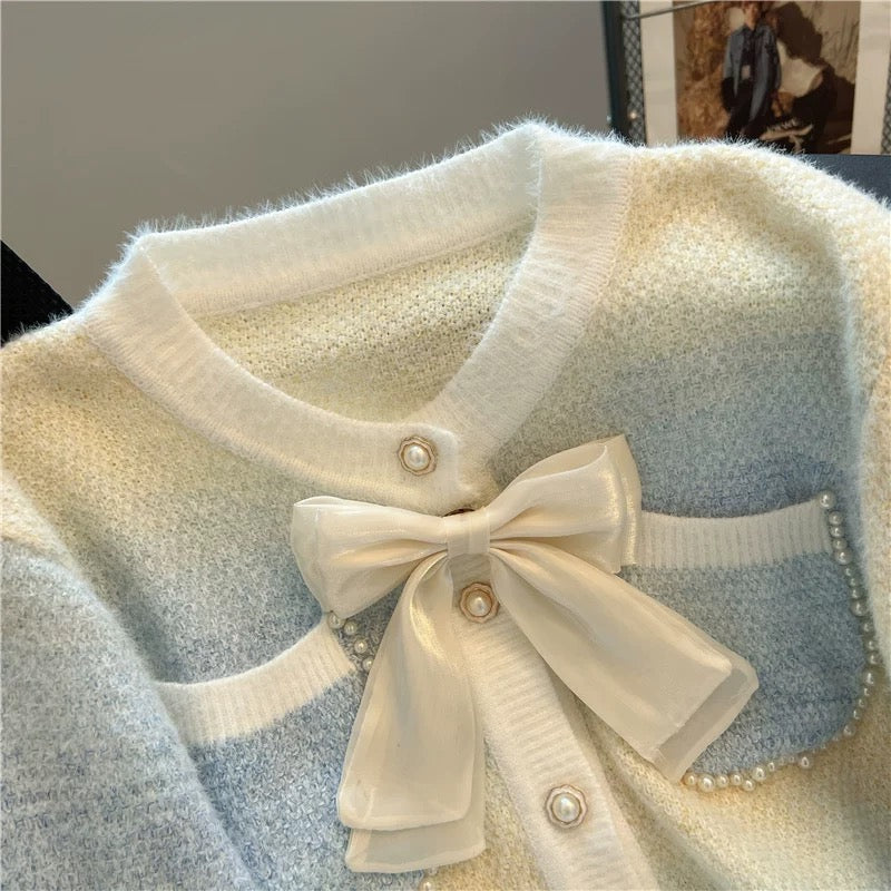 Recommended by Nancy Cici for her own use~Bow knot beading gradient color design knitted cardigan sweater for women in autumn