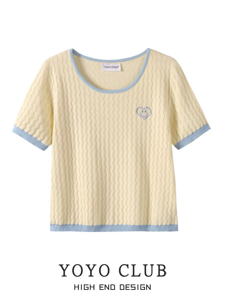 YOYO CLUB scented coconut contrasting color short-sleeved knitted T-shirt top spring Korean style versatile thin sweater