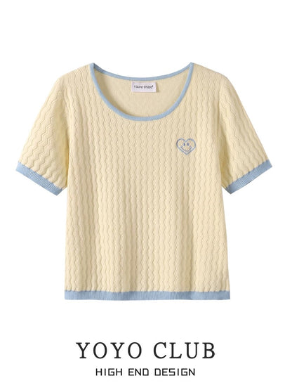 YOYO CLUB scented coconut contrasting color short-sleeved knitted T-shirt top spring Korean style versatile thin sweater