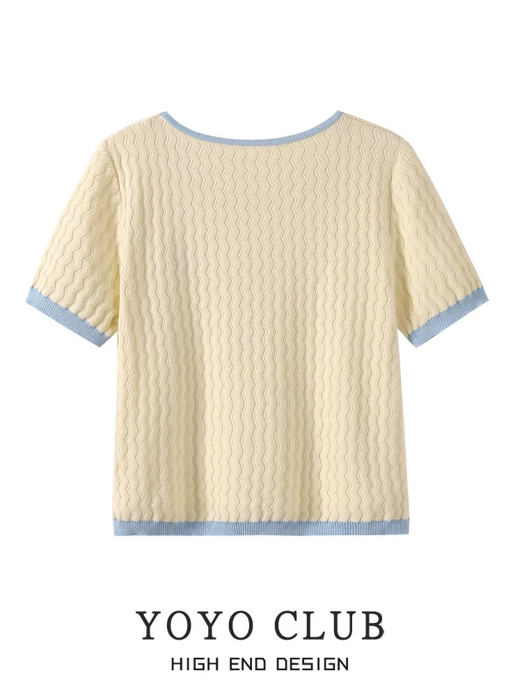 YOYO CLUB scented coconut contrasting color short-sleeved knitted T-shirt top spring Korean style versatile thin sweater