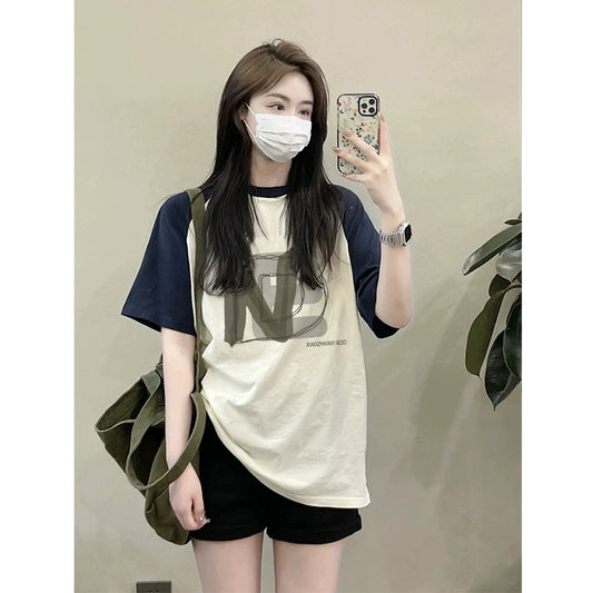 Contrast color short-sleeved T-shirt summer 2024 new women's clothing retro high-end beautiful fashionable raglan sleeve top trendy ins