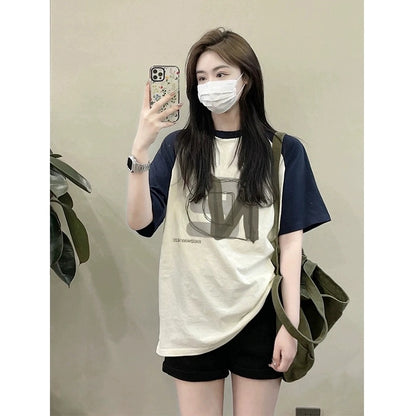 Contrast color short-sleeved T-shirt summer 2024 new women's clothing retro high-end beautiful fashionable raglan sleeve top trendy ins