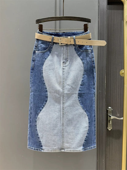 Fashionable stitching contrasting color denim skirt for women 2025 spring new style back slit slimming A-line hip mid-length skirt