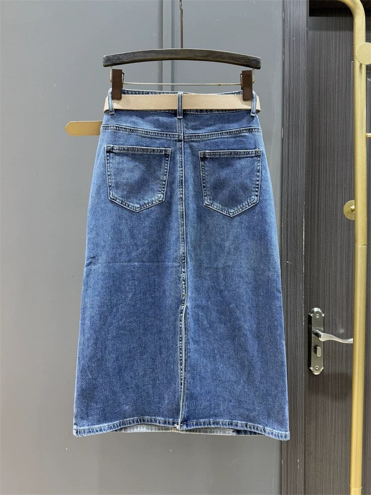 Fashionable stitching contrasting color denim skirt for women 2025 spring new style back slit slimming A-line hip mid-length skirt