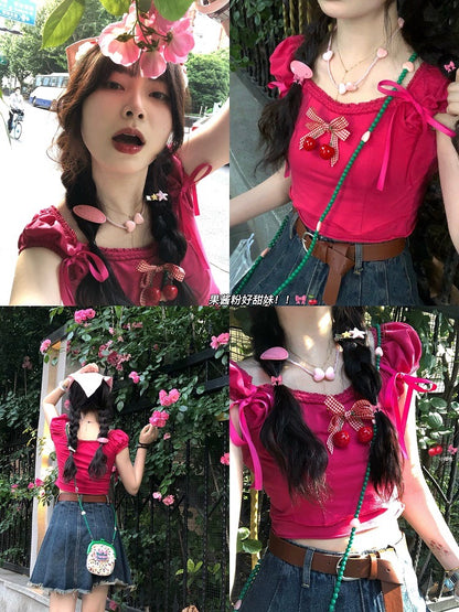 [Ten yuan off two pieces] "Sweet Dopamine" braided rope bow tie crop top with free cherry brooch