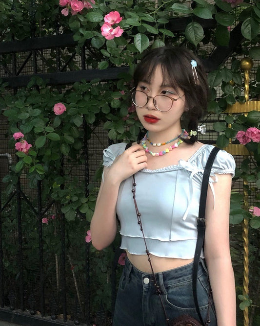 [Ten yuan off two pieces] "Sweet Dopamine" braided rope bow tie crop top with free cherry brooch