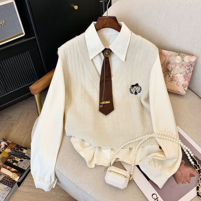 College style pink knitted vest 2024 new autumn sweet age-reducing lapel long-sleeved shirt two-piece suit top