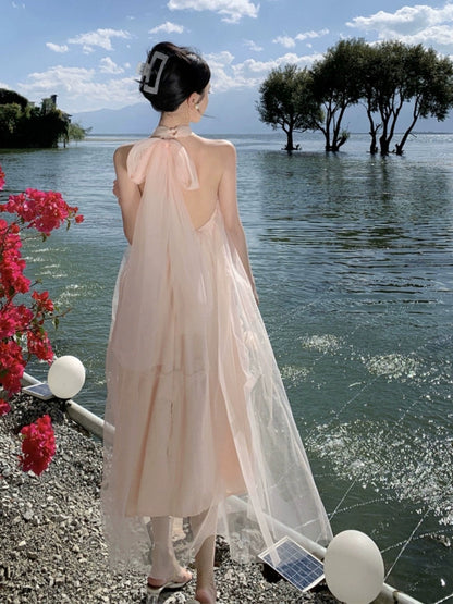 Bridal dressing gown female super fairy sweet summer dopamine super hot pink backless halter neck mesh dress sub-dress