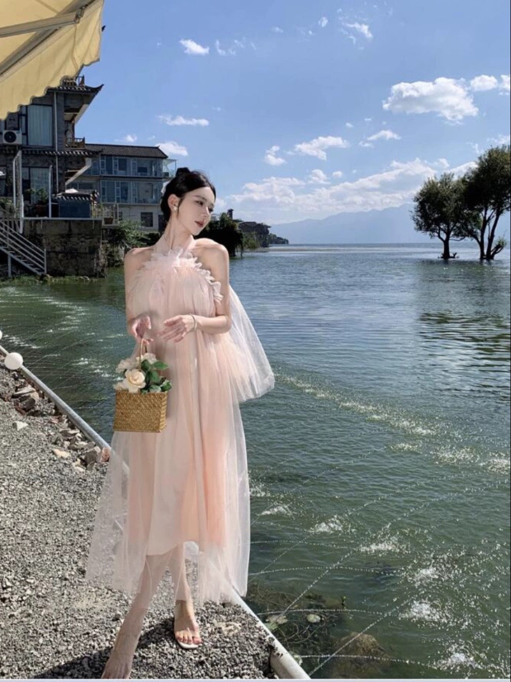 Bridal dressing gown female super fairy sweet summer dopamine super hot pink backless halter neck mesh dress sub-dress