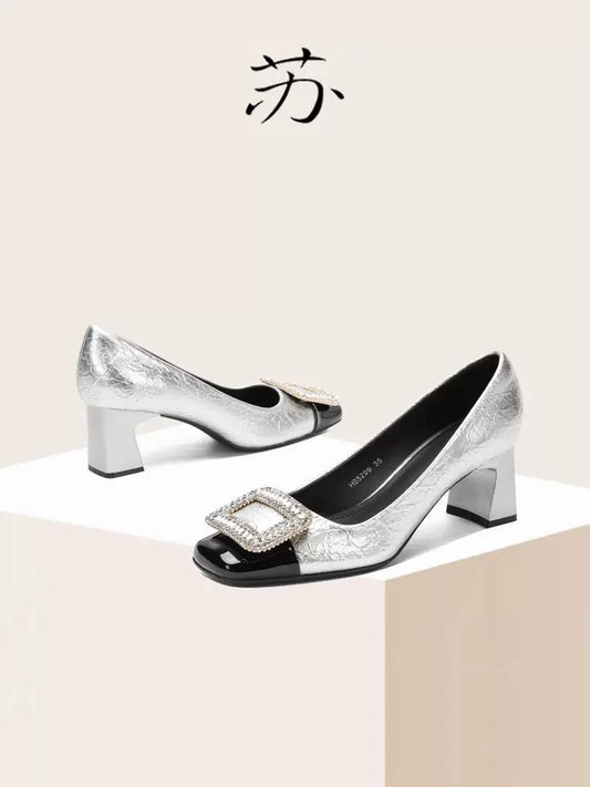 Su Social Square Buckle Shoes 2025 Spring New French Commuting Retro Silver 5cm Shallow Mouth Thick Heel High Heels