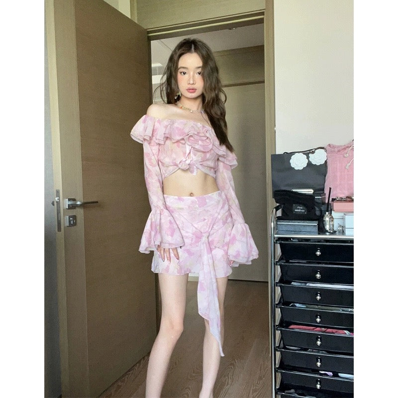 2024 new autumn pure lust style sweet and spicy street navel-baring two-piece short sexy pink floral suit skirt