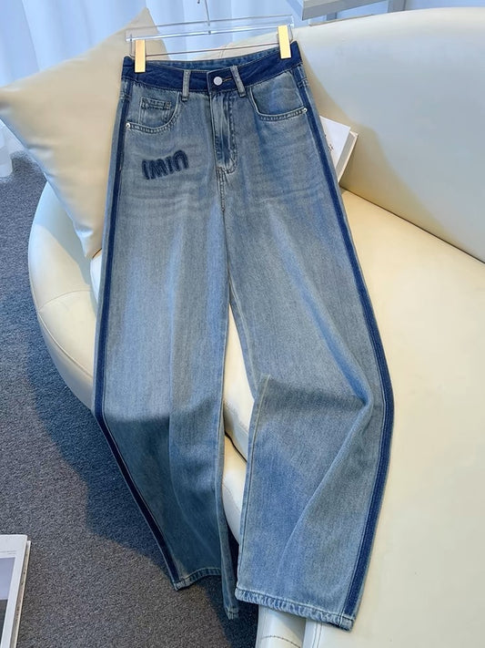 Wide-leg jeans for women, spring and autumn loose 2024 new high-waisted nine-point pants, slimming splicing, drapey retro straight pants