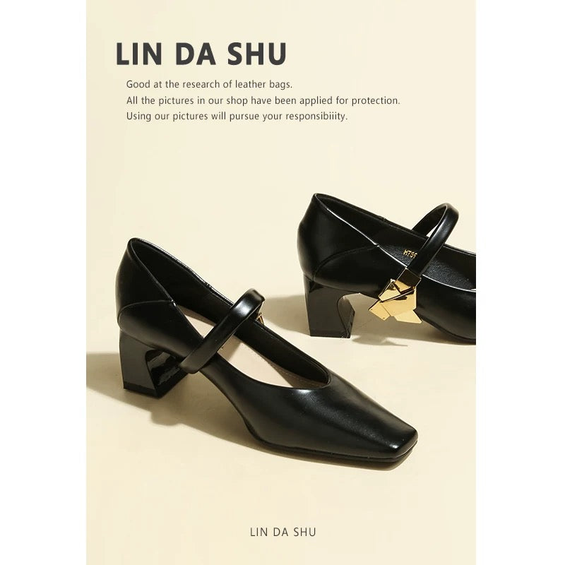 [Uncle Lin] One-line buckle thick heel Mary Jane shoes for women spring and autumn soft leather work shoes square toe black high heels