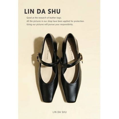 [Uncle Lin] One-line buckle thick heel Mary Jane shoes for women spring and autumn soft leather work shoes square toe black high heels