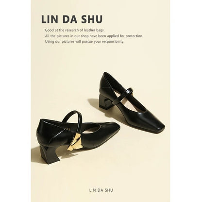 [Uncle Lin] One-line buckle thick heel Mary Jane shoes for women spring and autumn soft leather work shoes square toe black high heels