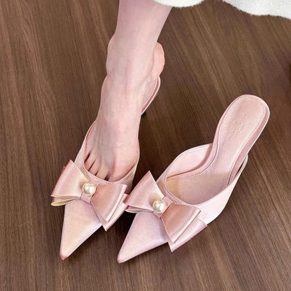 elingstudio Gentle Pink! Pointed toe pearl bow shallow high heels women's 2024 stiletto half slippers