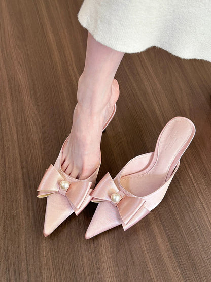 elingstudio Gentle Pink! Pointed toe pearl bow shallow high heels women's 2024 stiletto half slippers