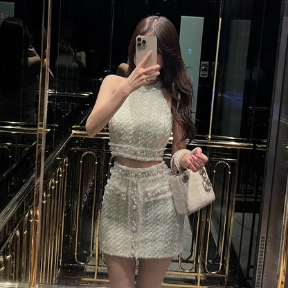 FFmiss◆Xiaoxiangfeng halterneck diamond-encrusted plaid camisole for women summer heavy industry style beaded short skirt two-piece set