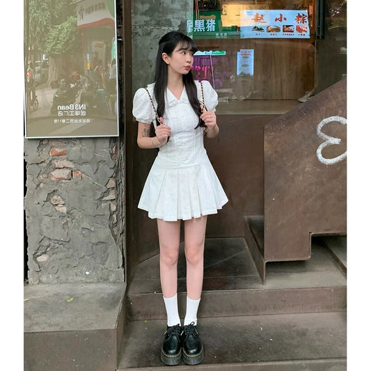 College style white short-sleeved shirt dress for women summer sweet first love A-line skirt waist slimming pleated skirt