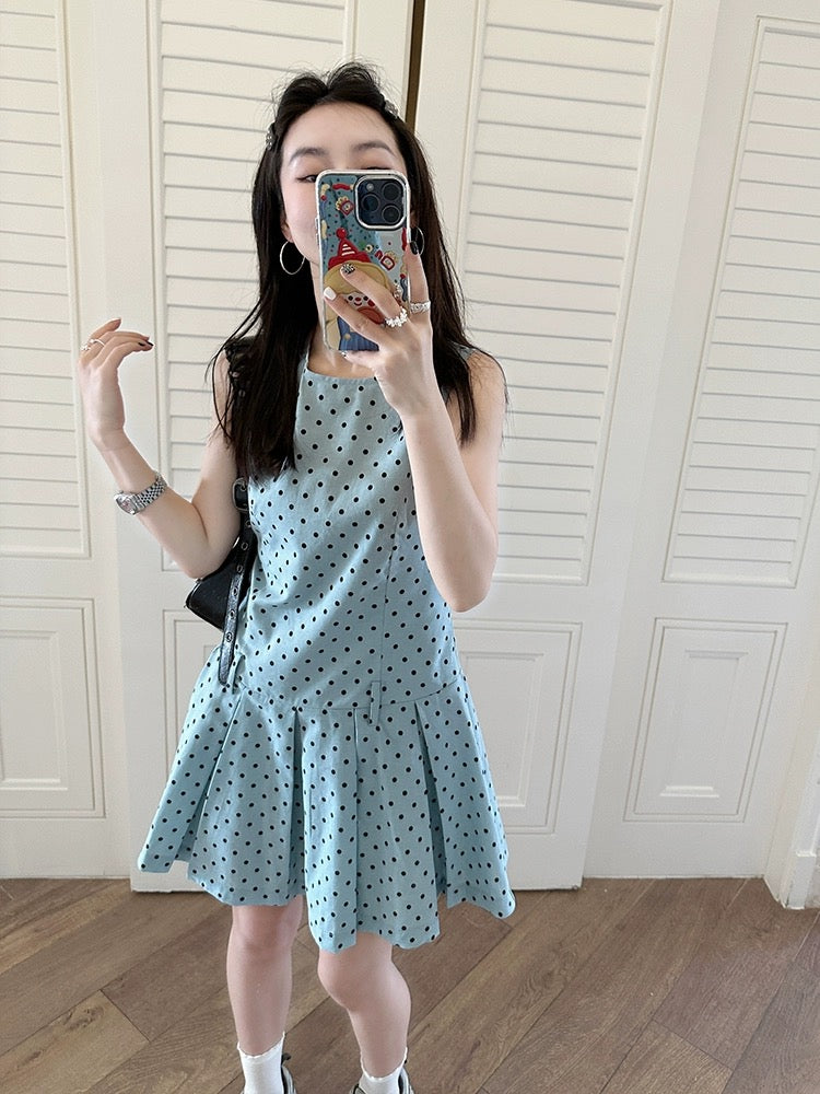 Jin Suyi blue and green cotton and linen polka dot dress for women 2024 summer Korean style waist slimming vest dress for small people