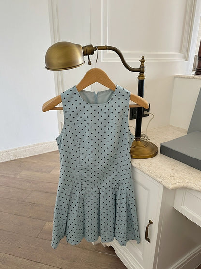 Jin Suyi blue and green cotton and linen polka dot dress for women 2024 summer Korean style waist slimming vest dress for small people