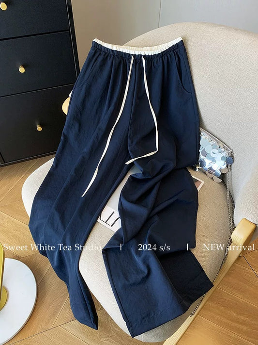 Nanyou’s high-end goods are on clearance and leaked! Cornus Pink Color Block Drawstring Elastic Waist Thin Casual Pants Straight Leg Wide Leg Pants for Women