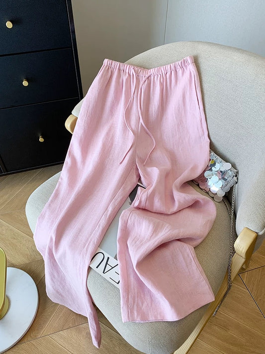 Nanyou’s high-end goods are on clearance and leaked! Drawstring elastic waist cotton and linen casual pants for women summer straight thin wide leg pants