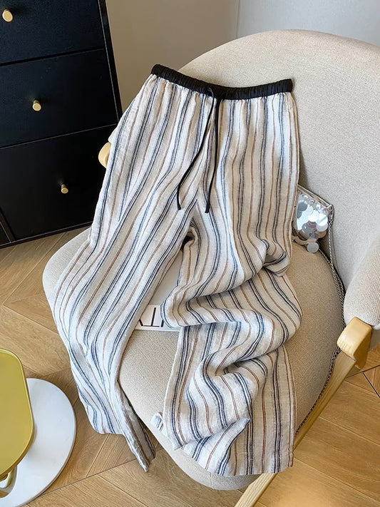 Nanyou’s high-end goods are on clearance and leaked! Lazy Style Striped Drawstring Elastic Waist Wide Leg Pants Women's Summer Linen Casual Pants