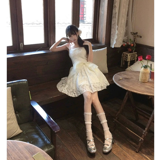 Ballet Style Lace Suspender Dress Women's Summer 2024 New Waist Birthday Dress Princess Puff Skirt