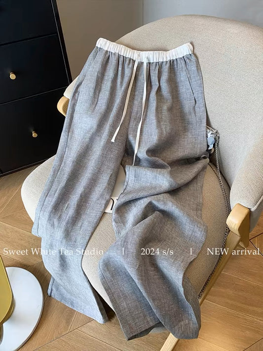 Nanyou’s high-end goods are on clearance and leaked! Gray and white spliced linen elastic waist drawstring casual pants for women summer straight wide leg pants