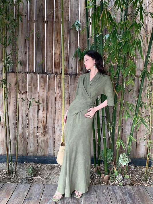 Homemade Wine Afternoon【Don't Disturb Clear Dreams】Spring and Summer New National Style New Chinese Style Overlapping Collar Wrap-Up Waist Dress