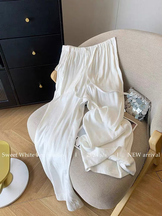 Nanyou’s high-end goods are on clearance and leaked! Linen drawstring elastic waist casual pants for women summer straight thin wide leg pants