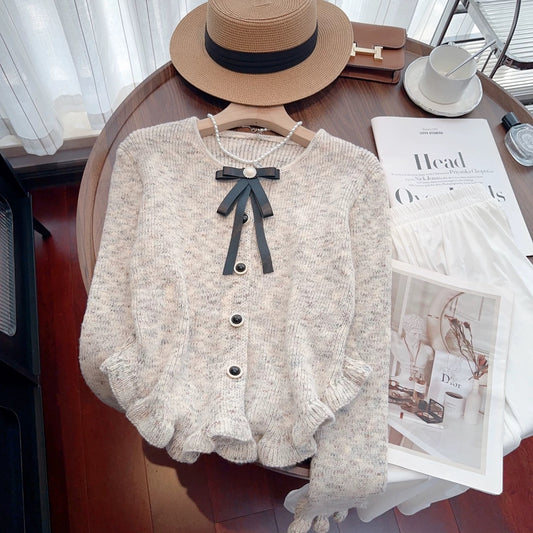 Recommended by Nancy Cici for her own use~Small fragrant bow with fungus edge knitted cardigan sweater jacket for women in autumn