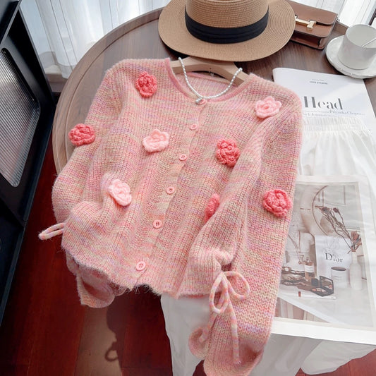 Recommended by Nancy Cici for her own use~Early autumn sweet three-dimensional flower drawstring short knitted cardigan sweater for women