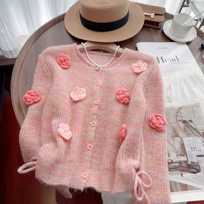 Recommended by Nancy Cici for her own use~Early autumn sweet three-dimensional flower drawstring short knitted cardigan sweater for women